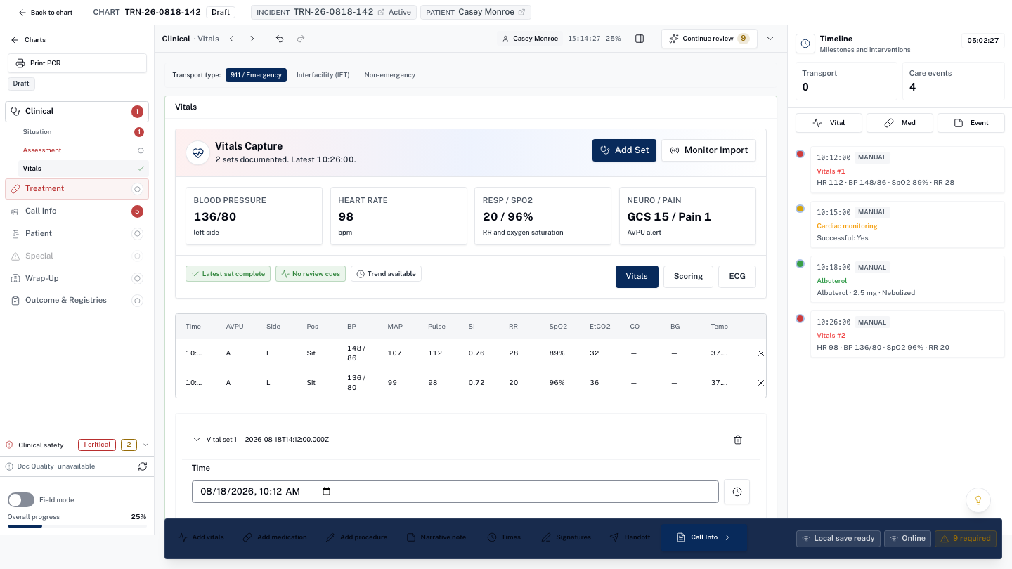 LifelineIQ Chart workspace with fictional training data