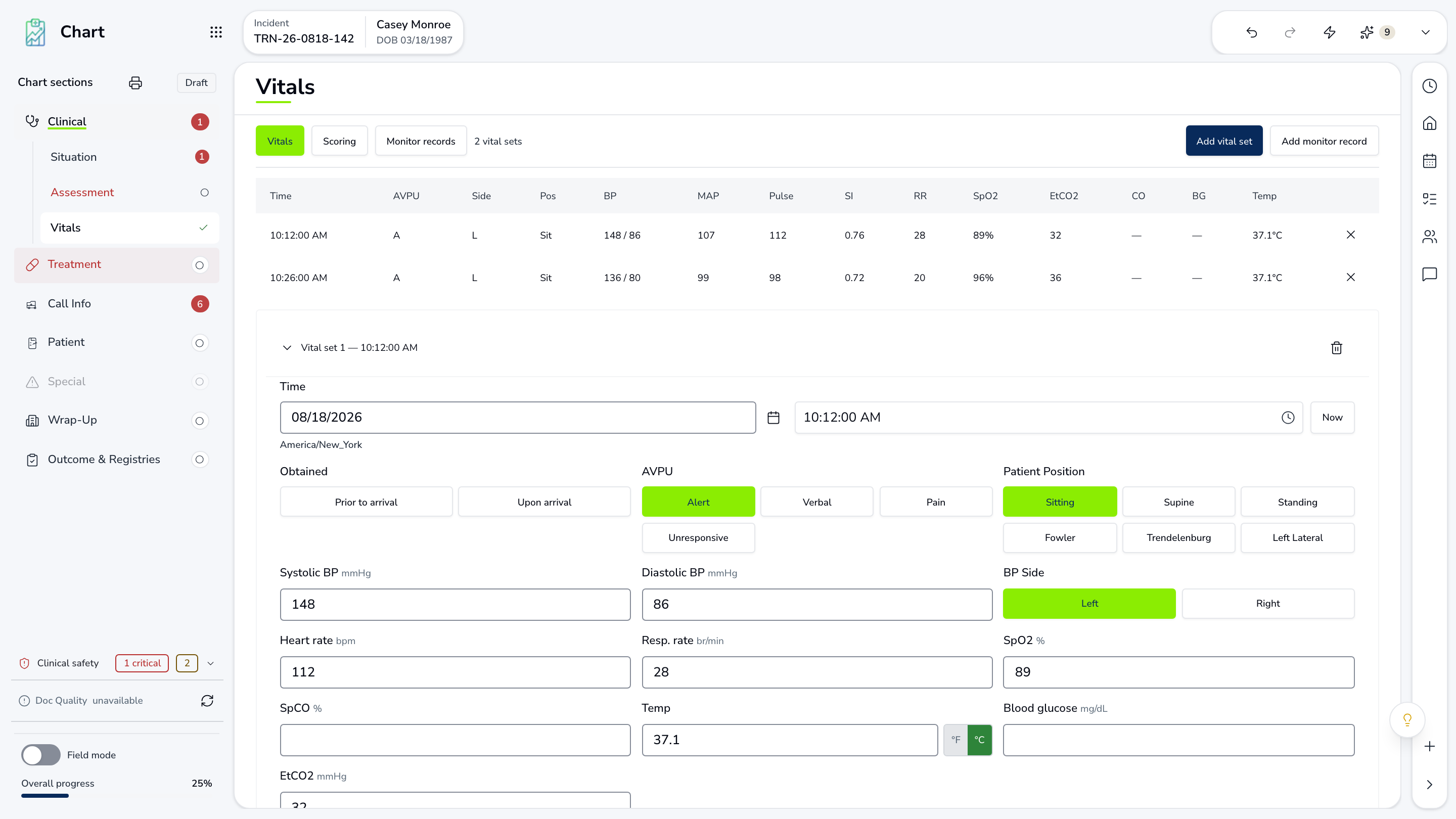 LifelineIQ Clinical · Patient care report with fictional training data