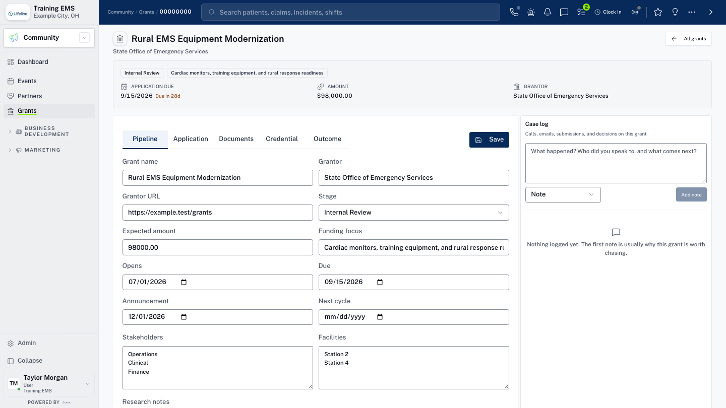 LifelineIQ Community workspace with fictional training data
