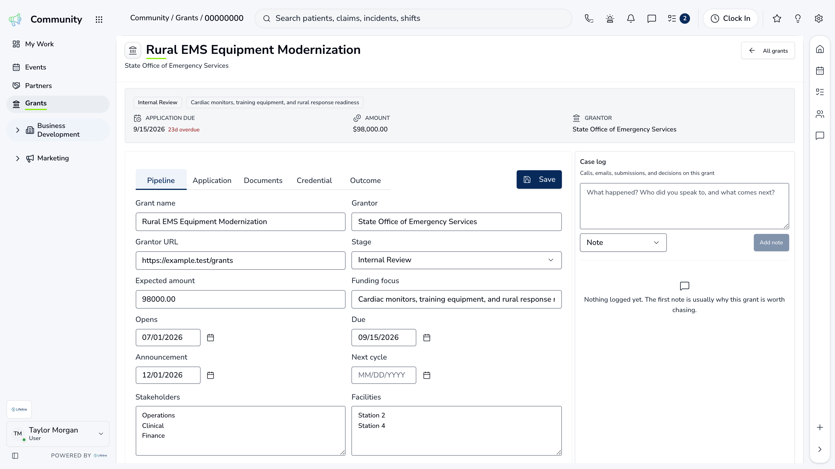 LifelineIQ Community workspace with fictional training data