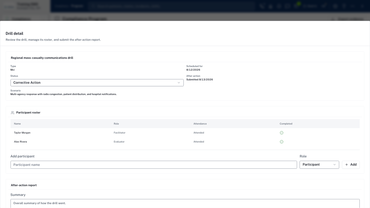 LifelineIQ Compliance workspace with fictional training data