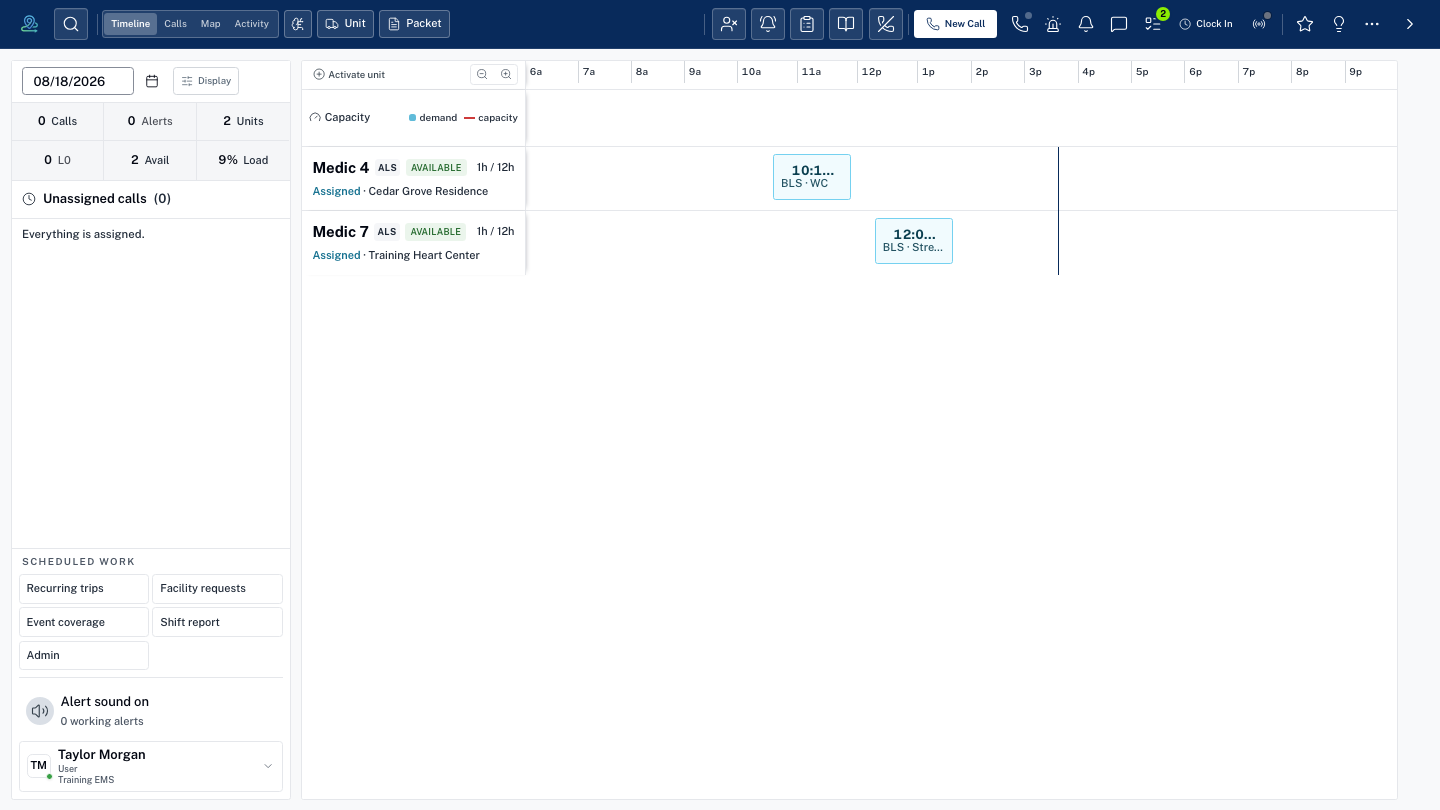 LifelineIQ Dispatch workspace with fictional training data