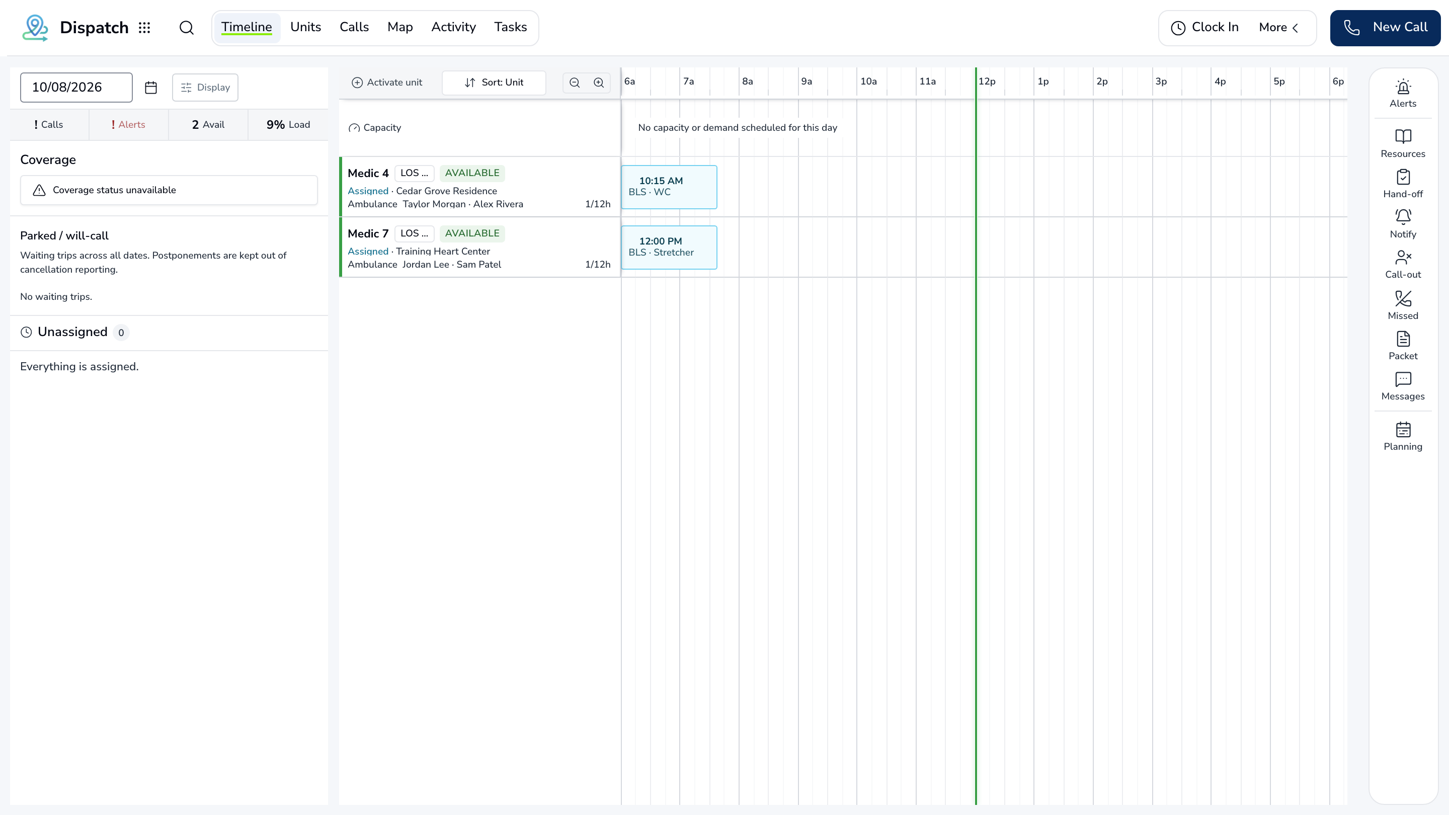 LifelineIQ Dispatch · Unit timeline with fictional training data