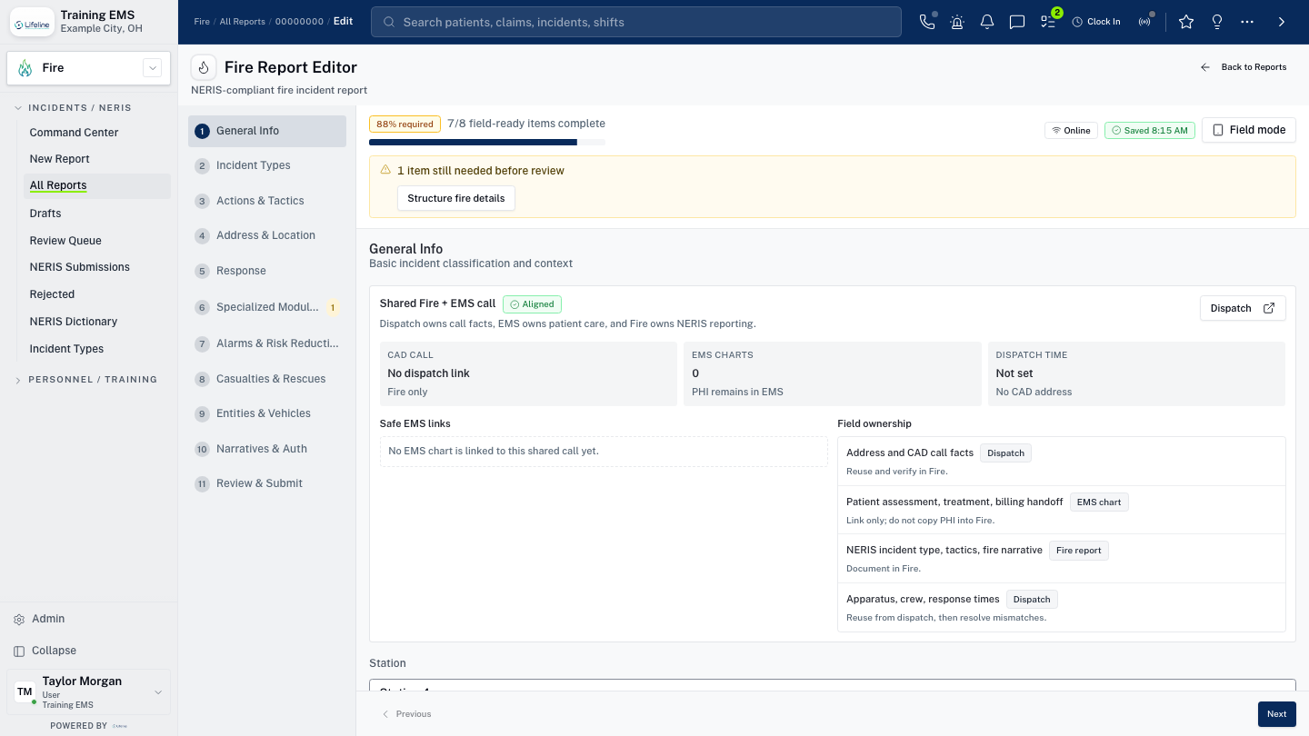 LifelineIQ Fire workspace with fictional training data