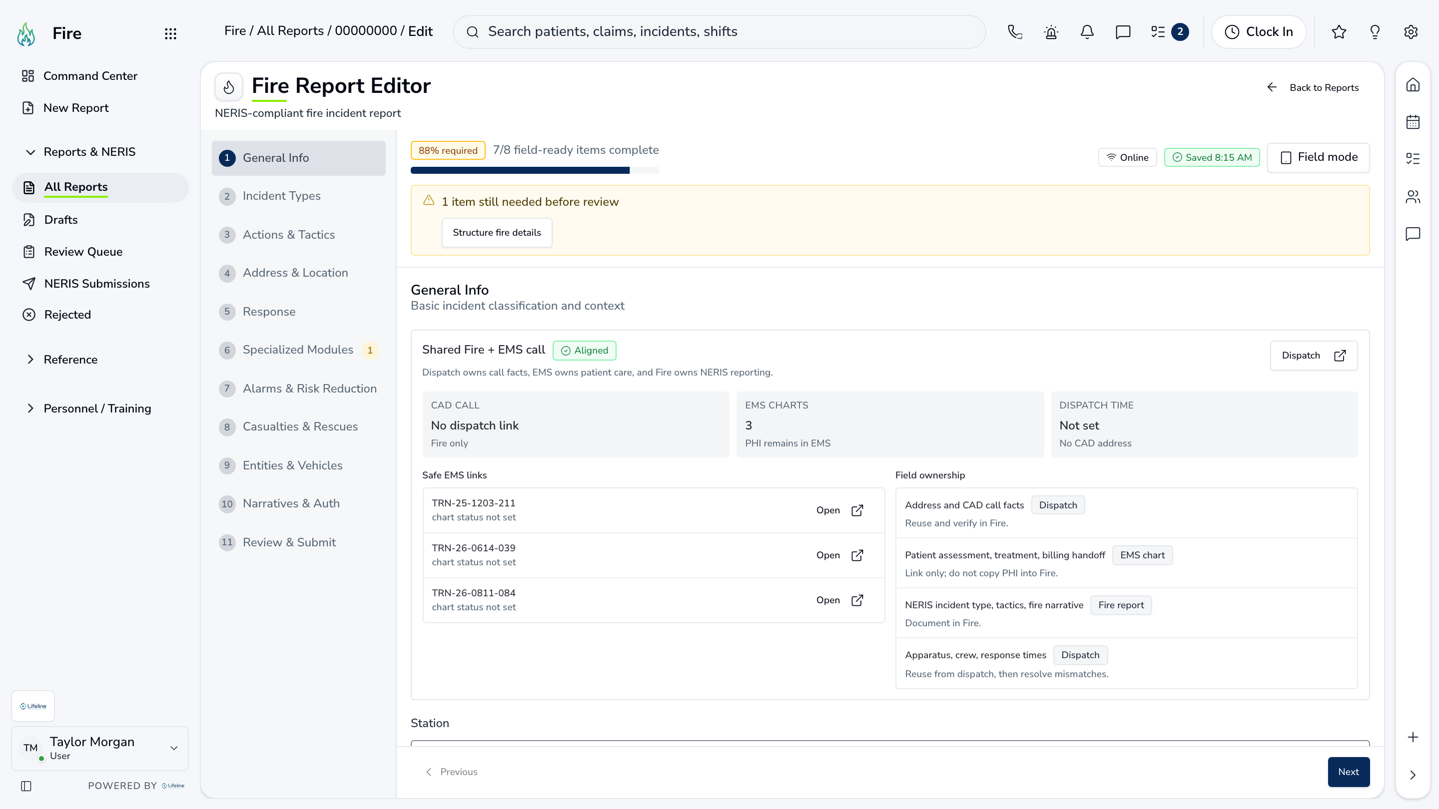 LifelineIQ Fire workspace with fictional training data