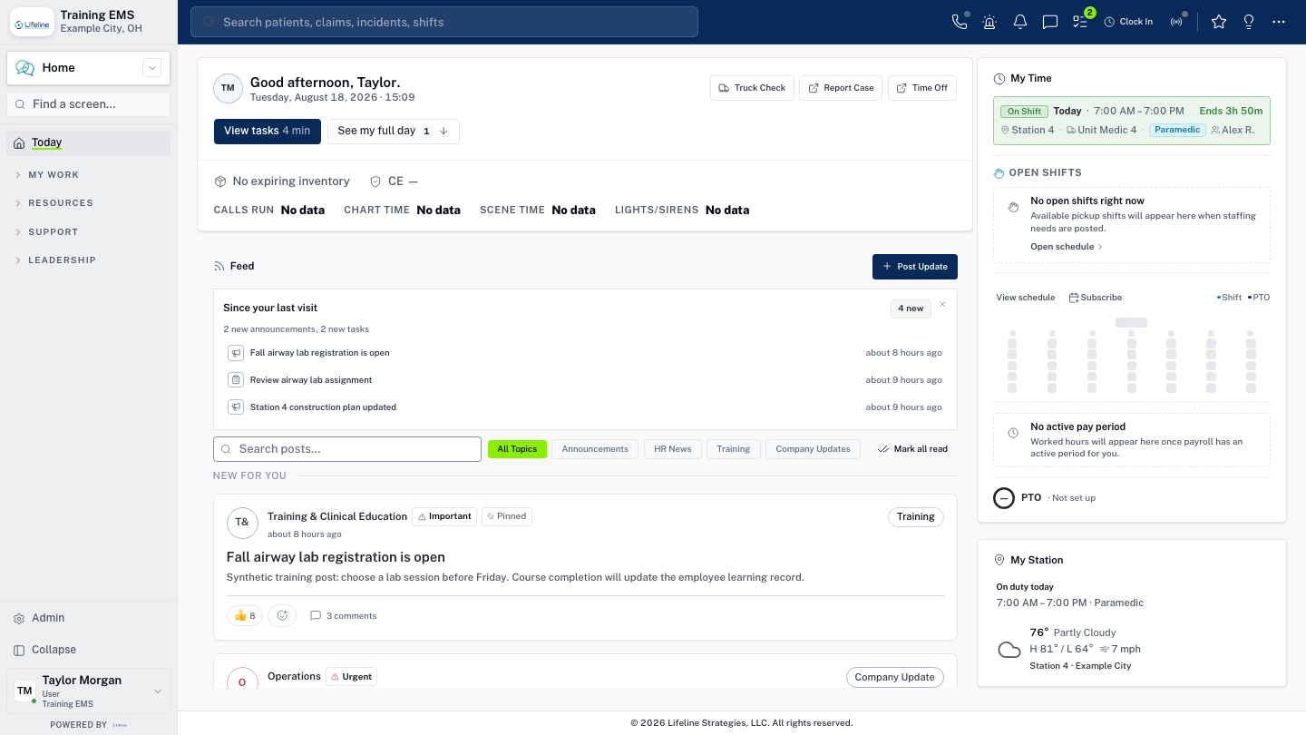 LifelineIQ Home workspace with fictional training data