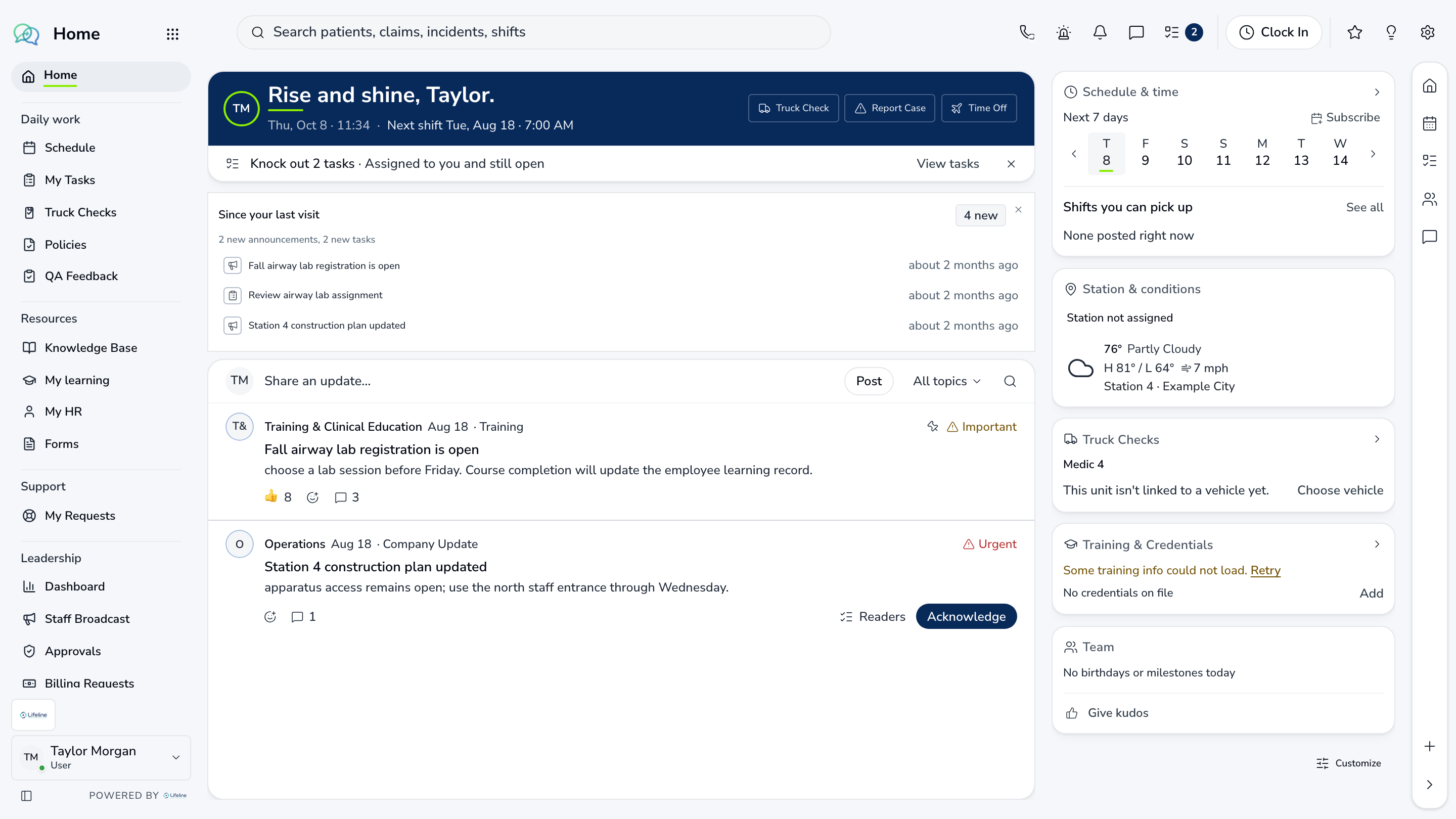 LifelineIQ Home workspace with fictional training data