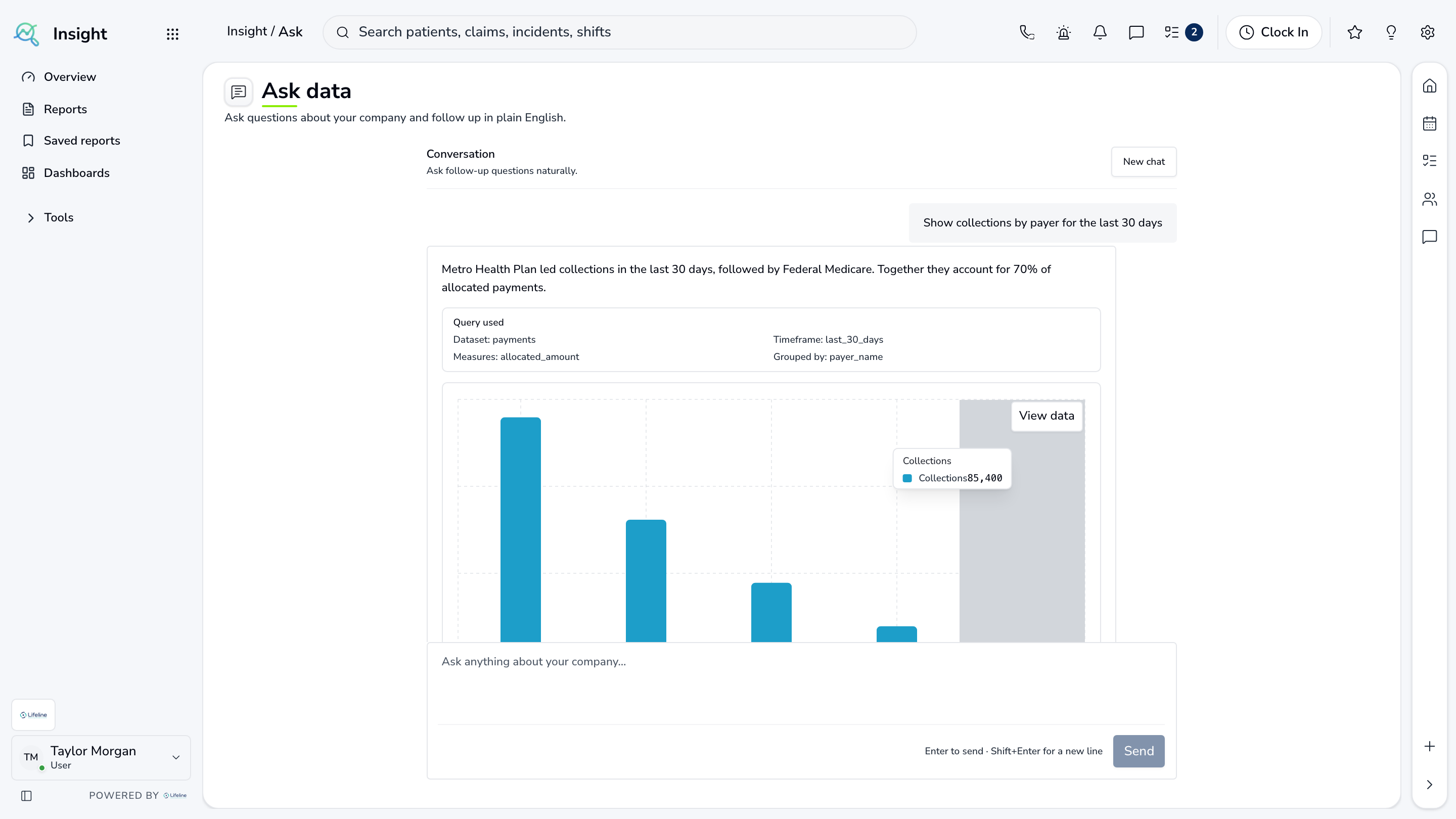 LifelineIQ Insight · Ask your data with fictional training data