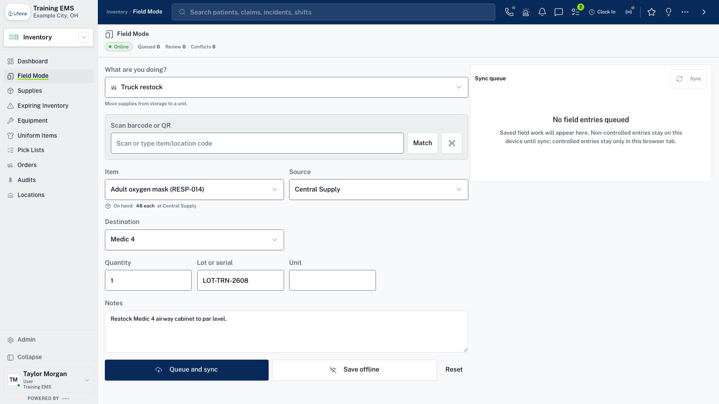 LifelineIQ Inventory workspace with fictional training data