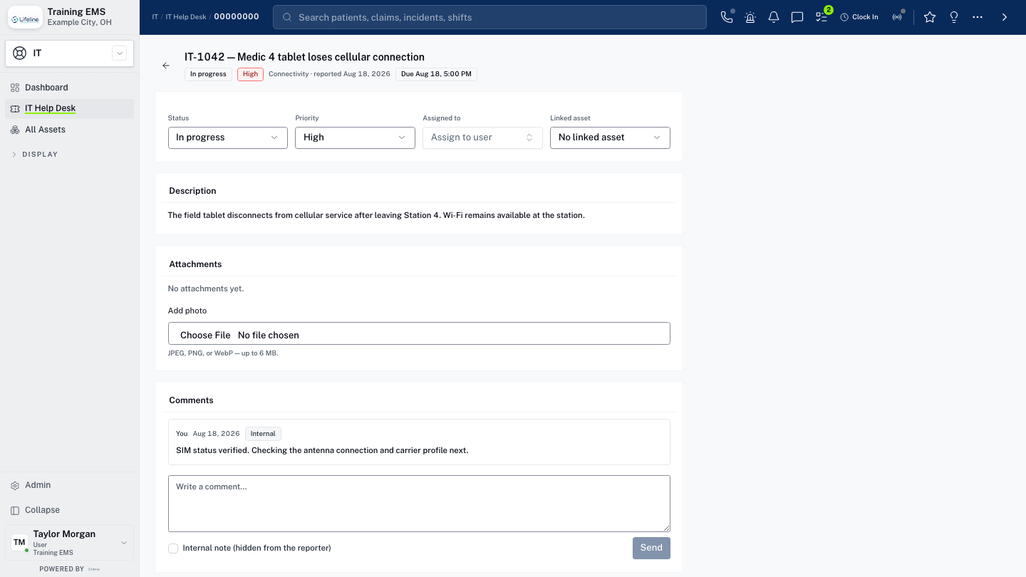 LifelineIQ IT workspace with fictional training data