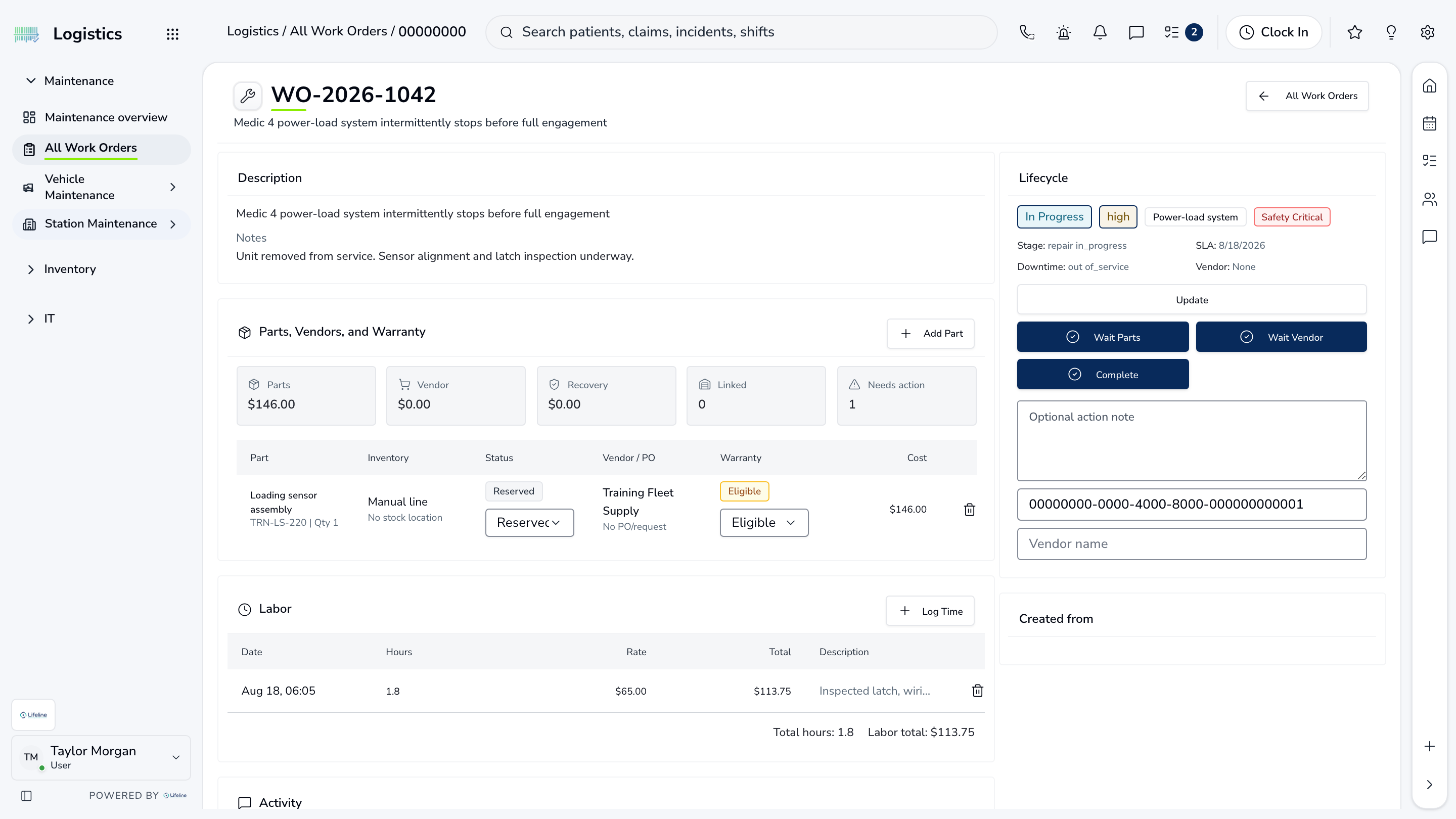 LifelineIQ Logistics workspace with fictional training data