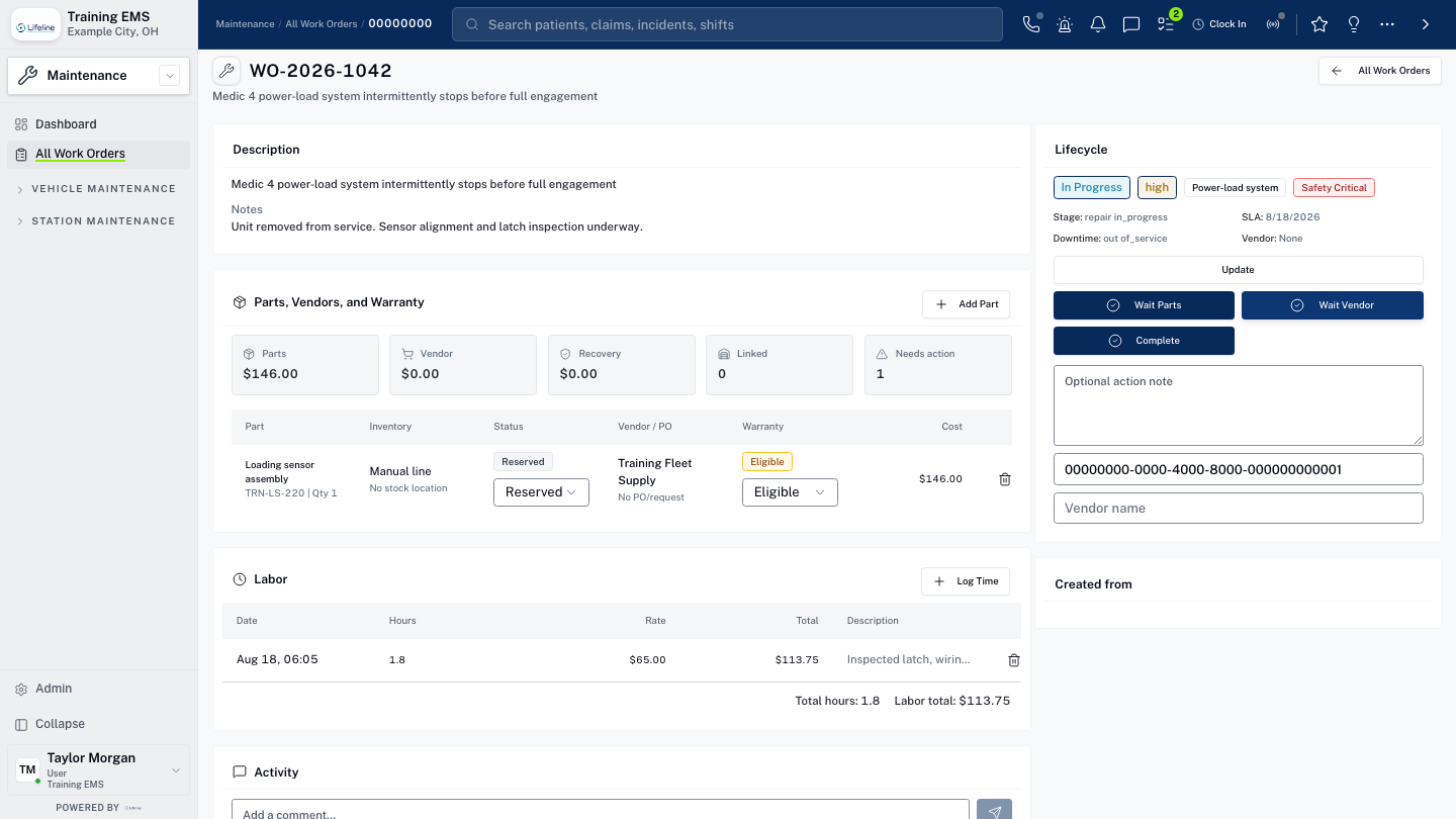 LifelineIQ Maintenance workspace with fictional training data