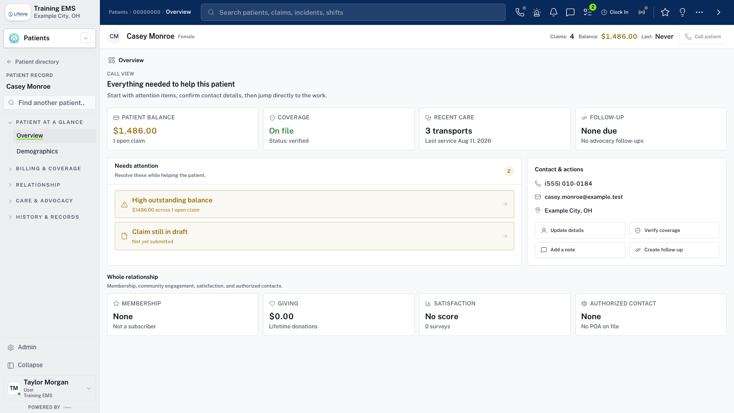 LifelineIQ Patients workspace with fictional training data