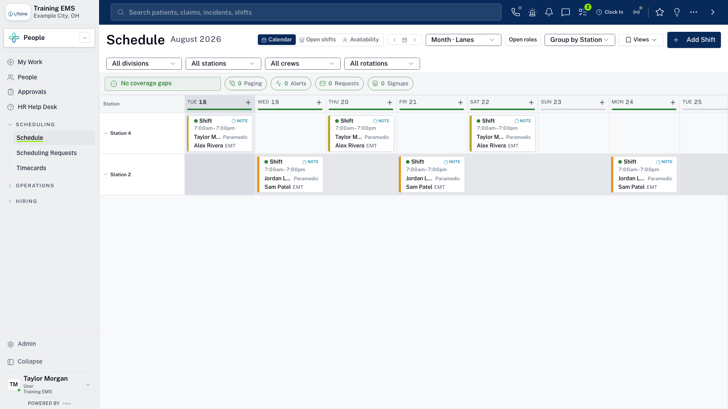 LifelineIQ People workspace with fictional training data