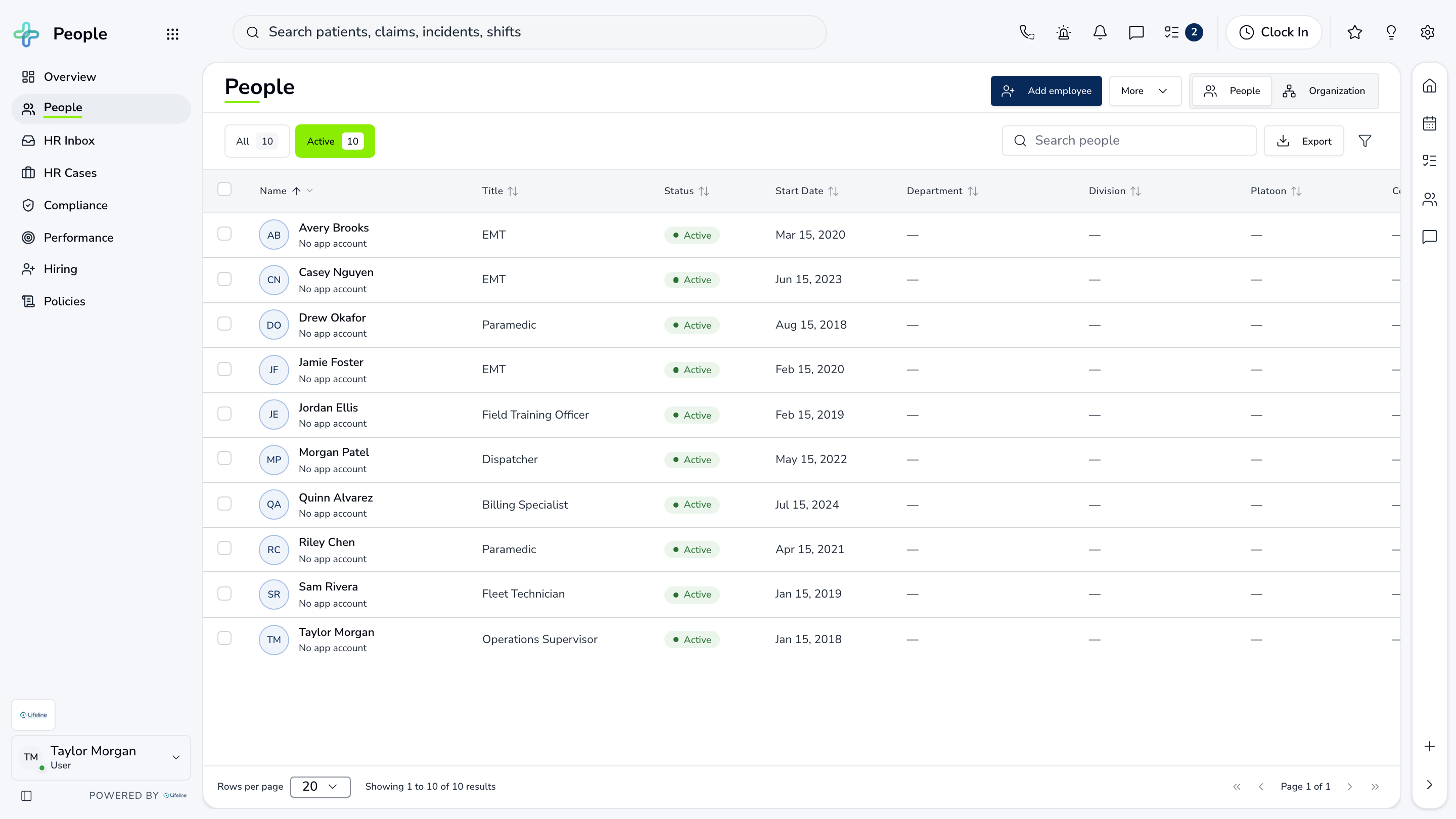 LifelineIQ People · Agency roster with fictional training data
