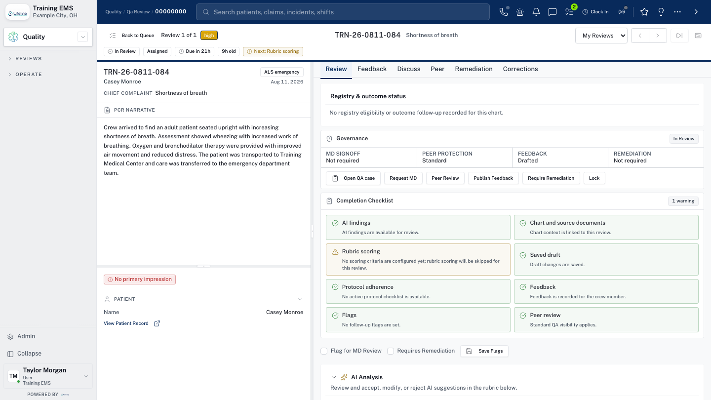 LifelineIQ Quality workspace with fictional training data