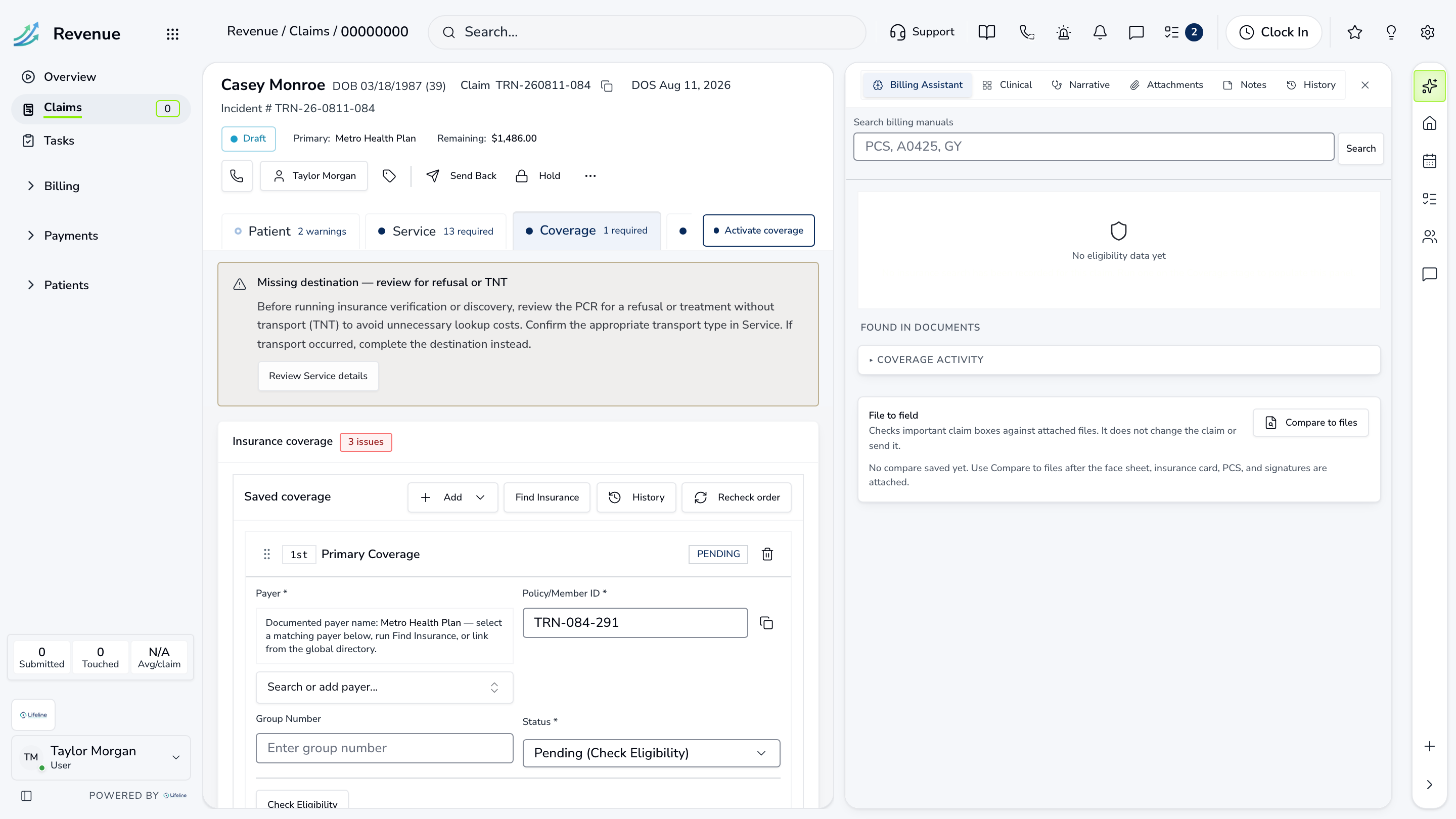LifelineIQ Revenue · Claim workspace with fictional training data