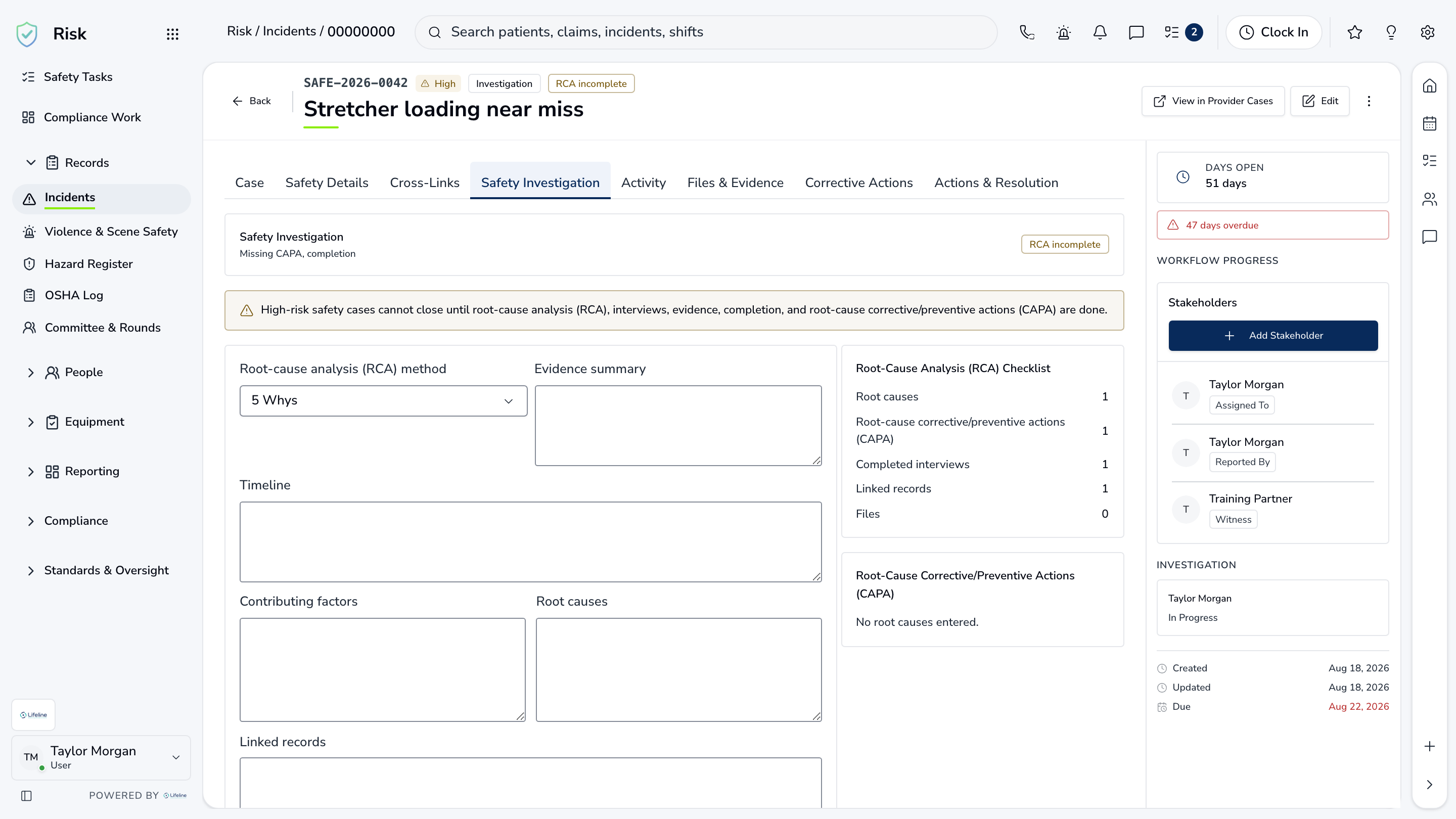 LifelineIQ Risk workspace with fictional training data