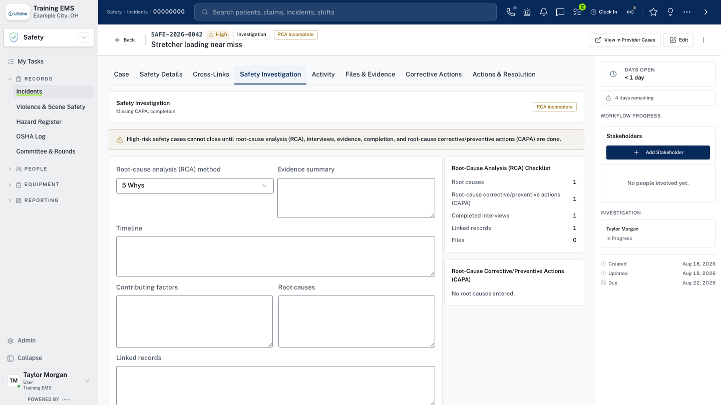 LifelineIQ Safety workspace with fictional training data