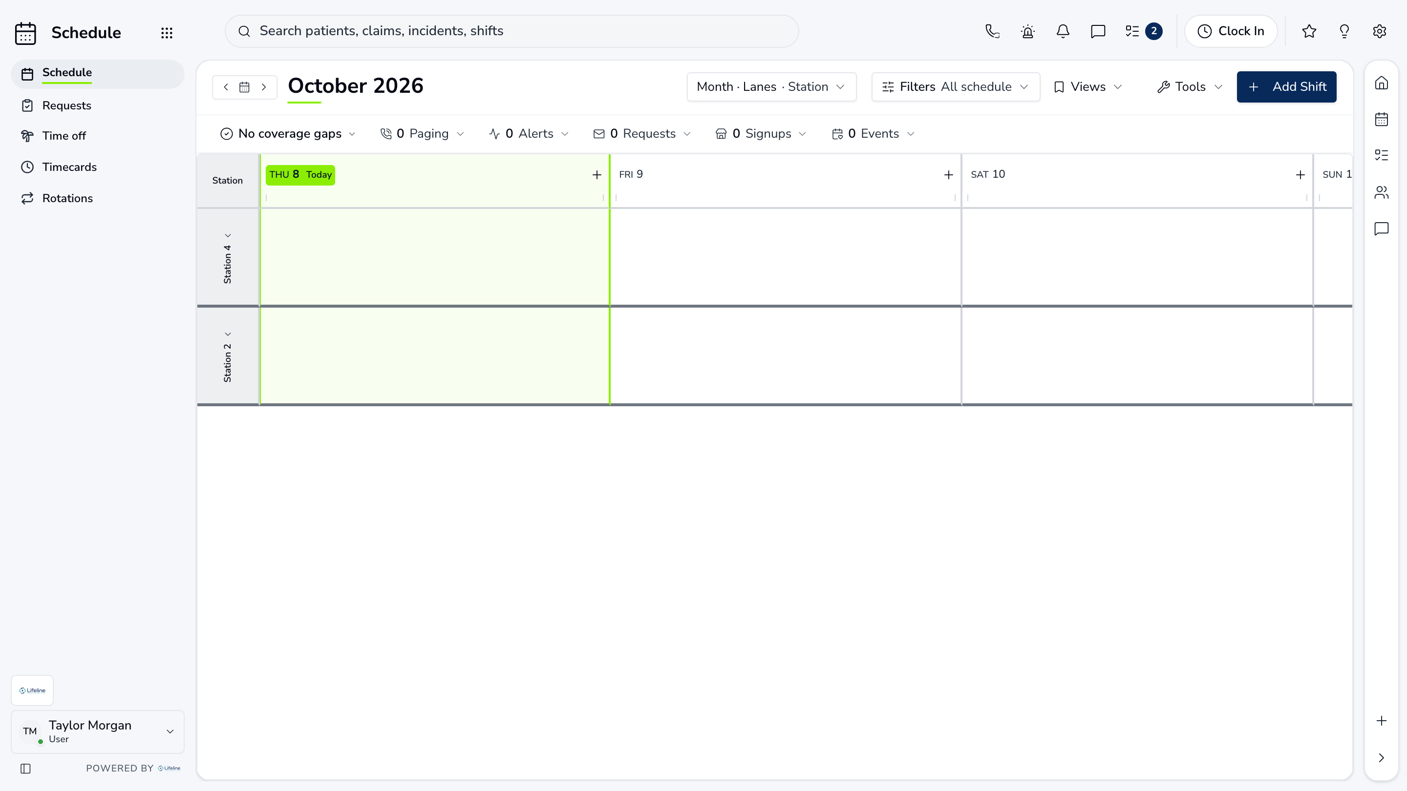 LifelineIQ Schedule workspace with fictional training data