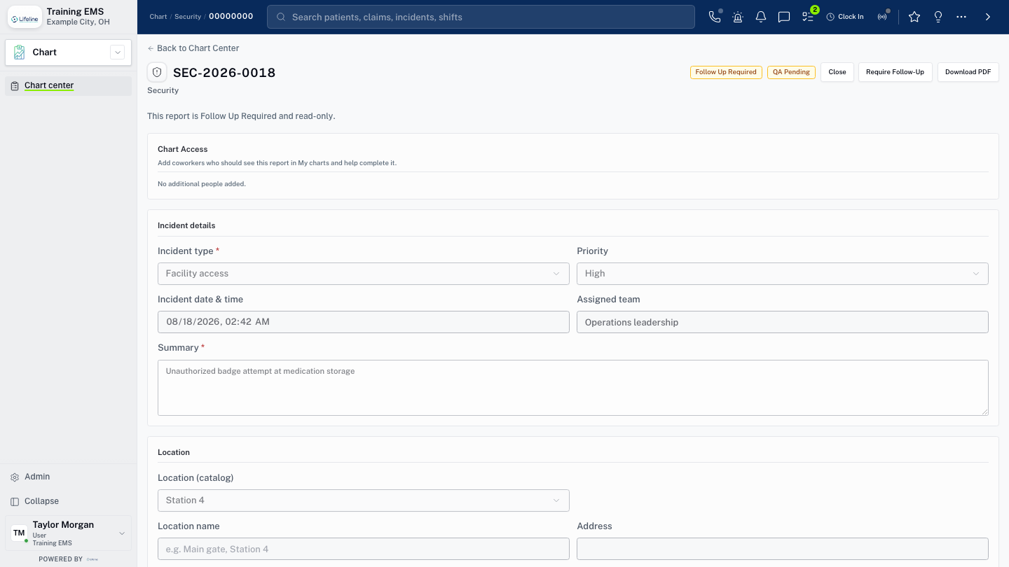 LifelineIQ Security workspace with fictional training data