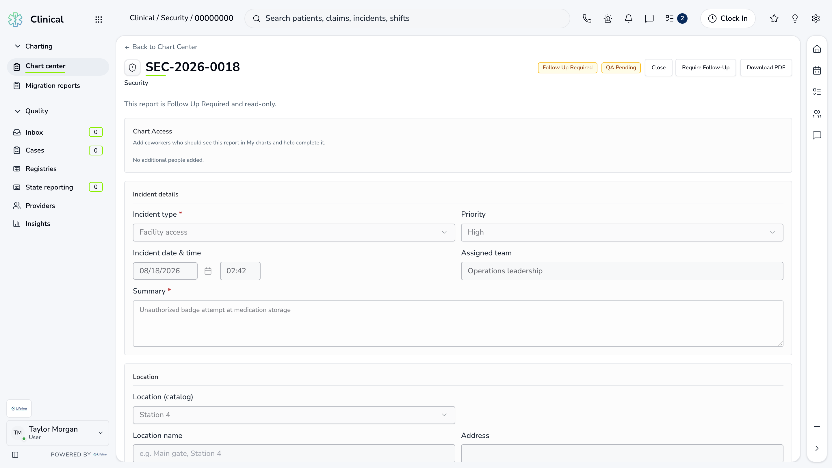 LifelineIQ Security workspace with fictional training data